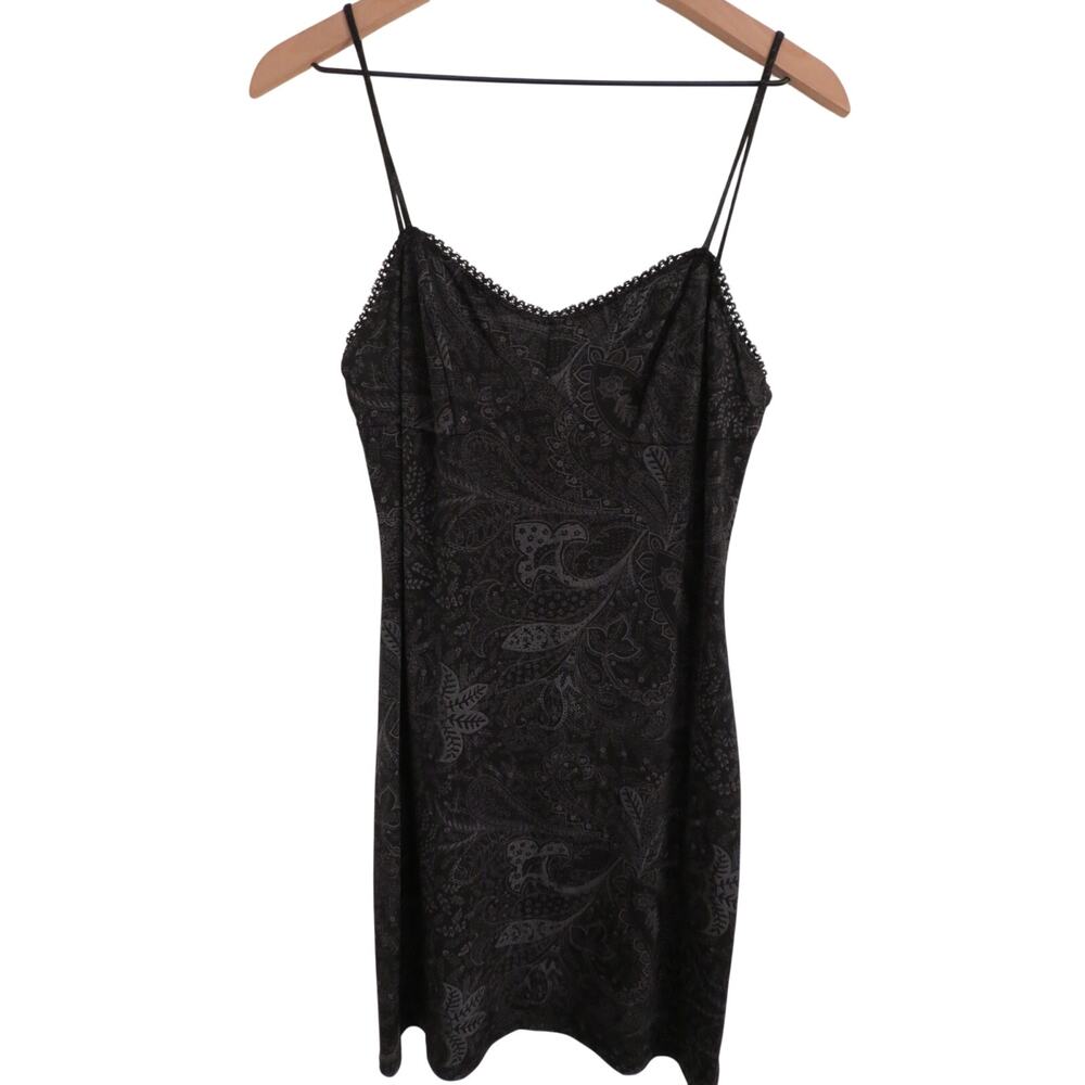 Vintage 90s Eye Candy Women Sz S Black Gray Paisley Slip Mini Dress Y2K Grunge